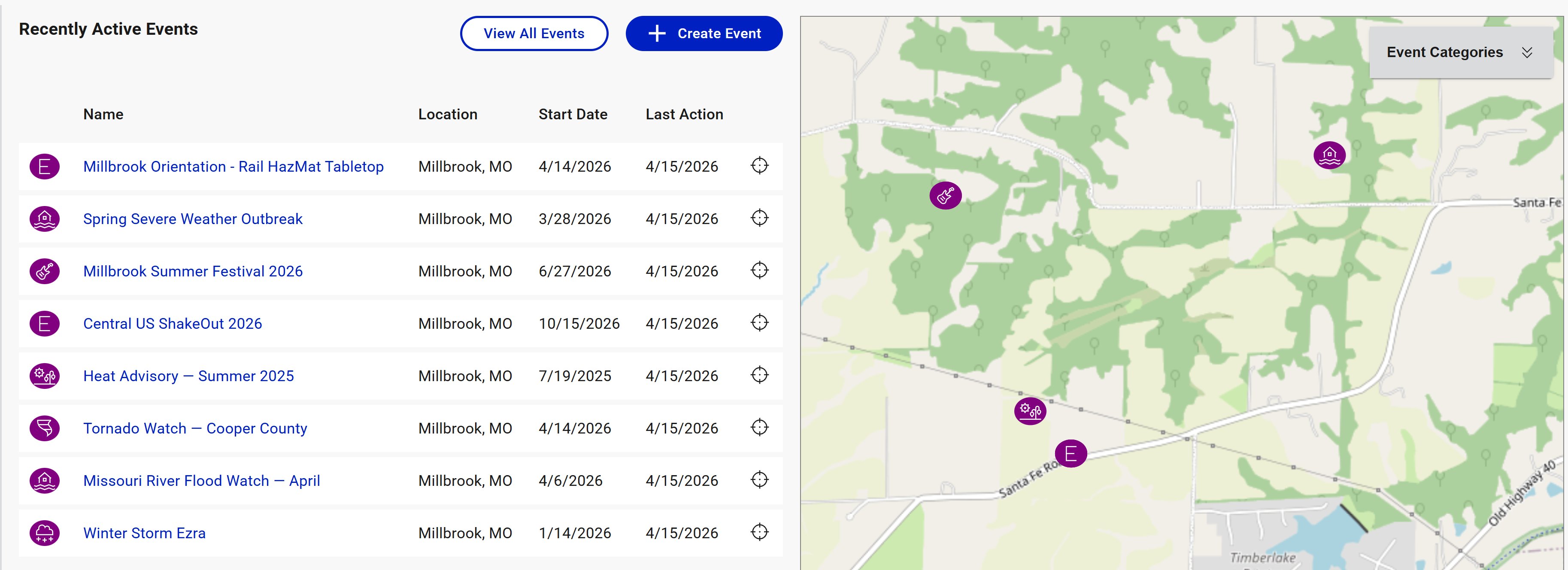 Organization landing page with the Create Event button highlighted