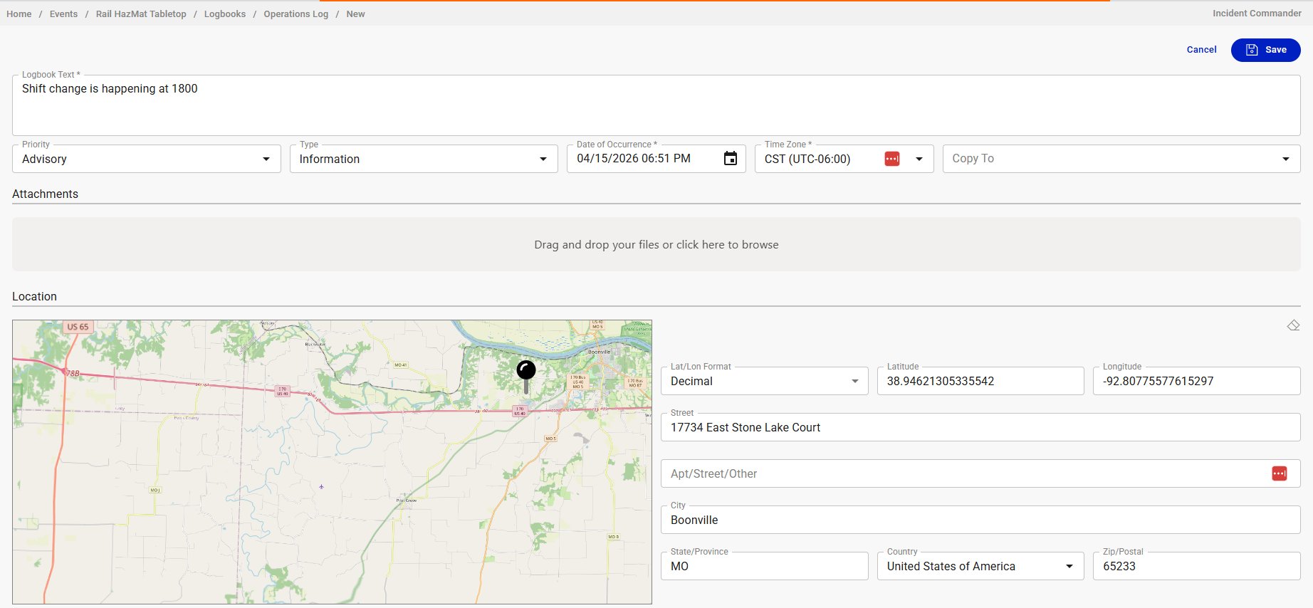 The location section of the detailed entry form with a pin placed and address fields populated