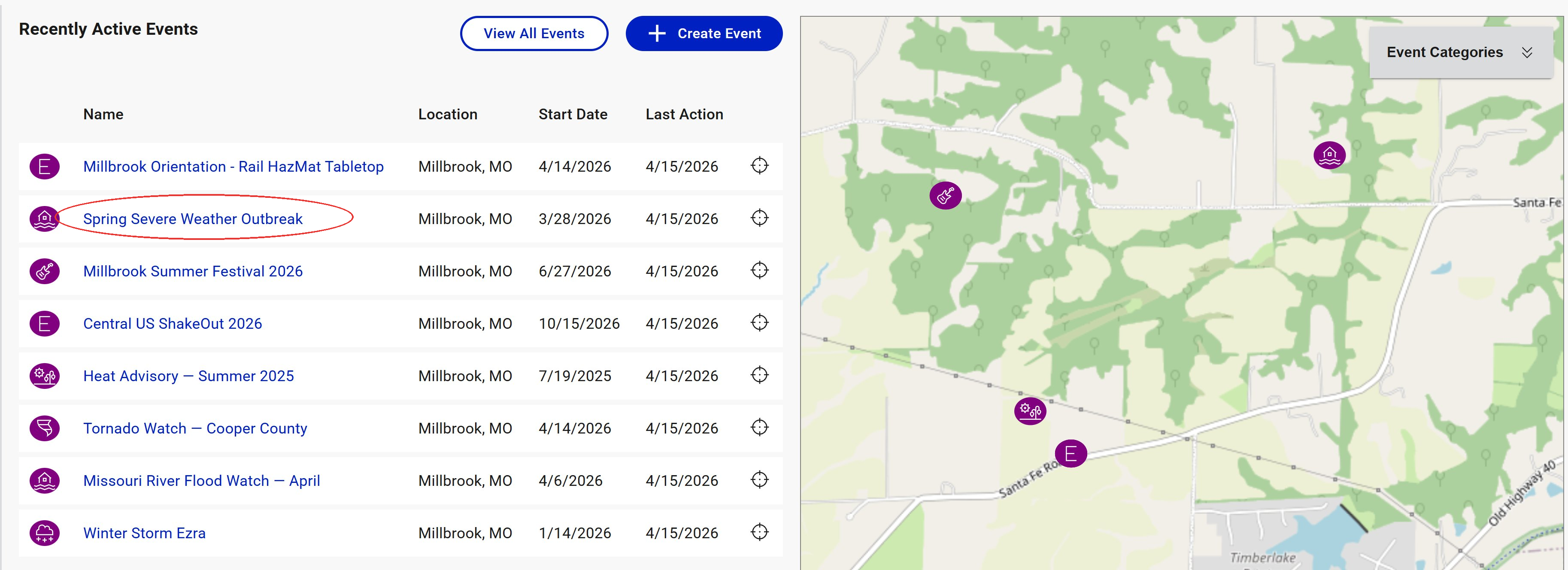 Organization landing page with an event name circled in the Recently Active Events panel